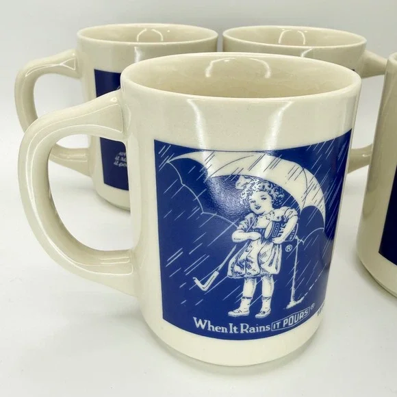 Vintage Morton Salt Girl Coffee Mug Set 4 Historical Logos 1914-1968 Cream Blue - Picture 6 of 8